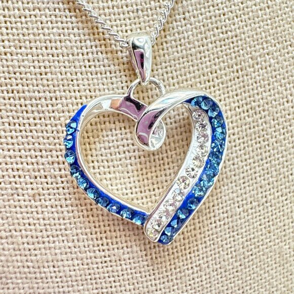 VTG Sterling Silver 925 Blue & White CZ Heart Pendant Necklace Size 20" Length - Picture 1 of 12